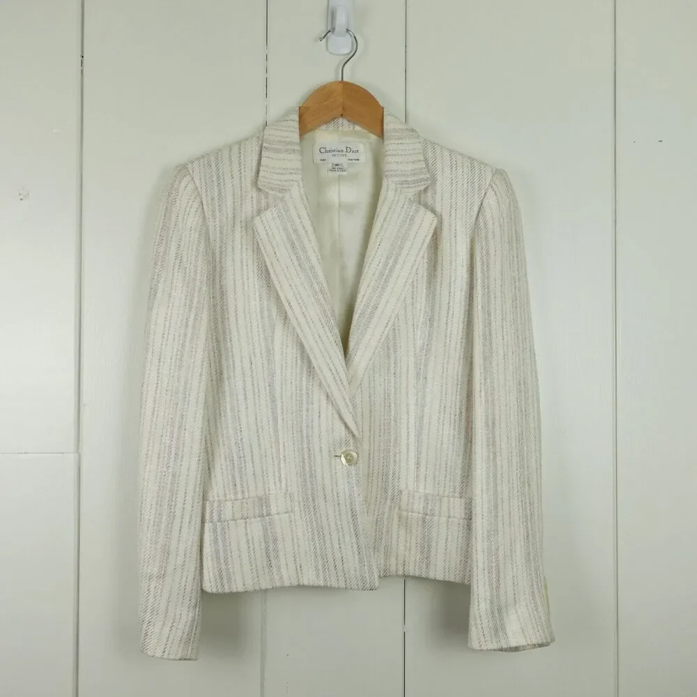 Christian Dior Petites Single Button Blazer Womens SZ 8P Cream Made in US READ
